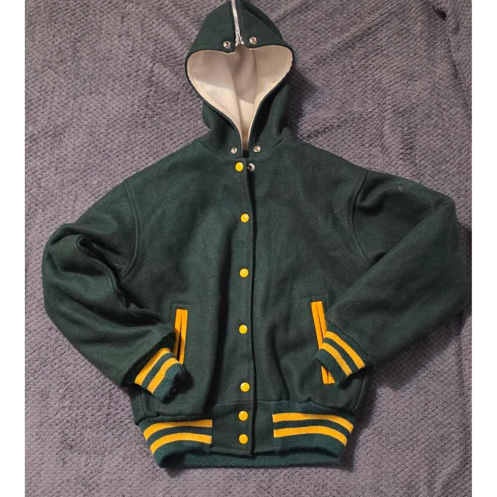 Vintage Fordham Quality Casuals Varsity Jacket Green Yellow Split Hood Wool L